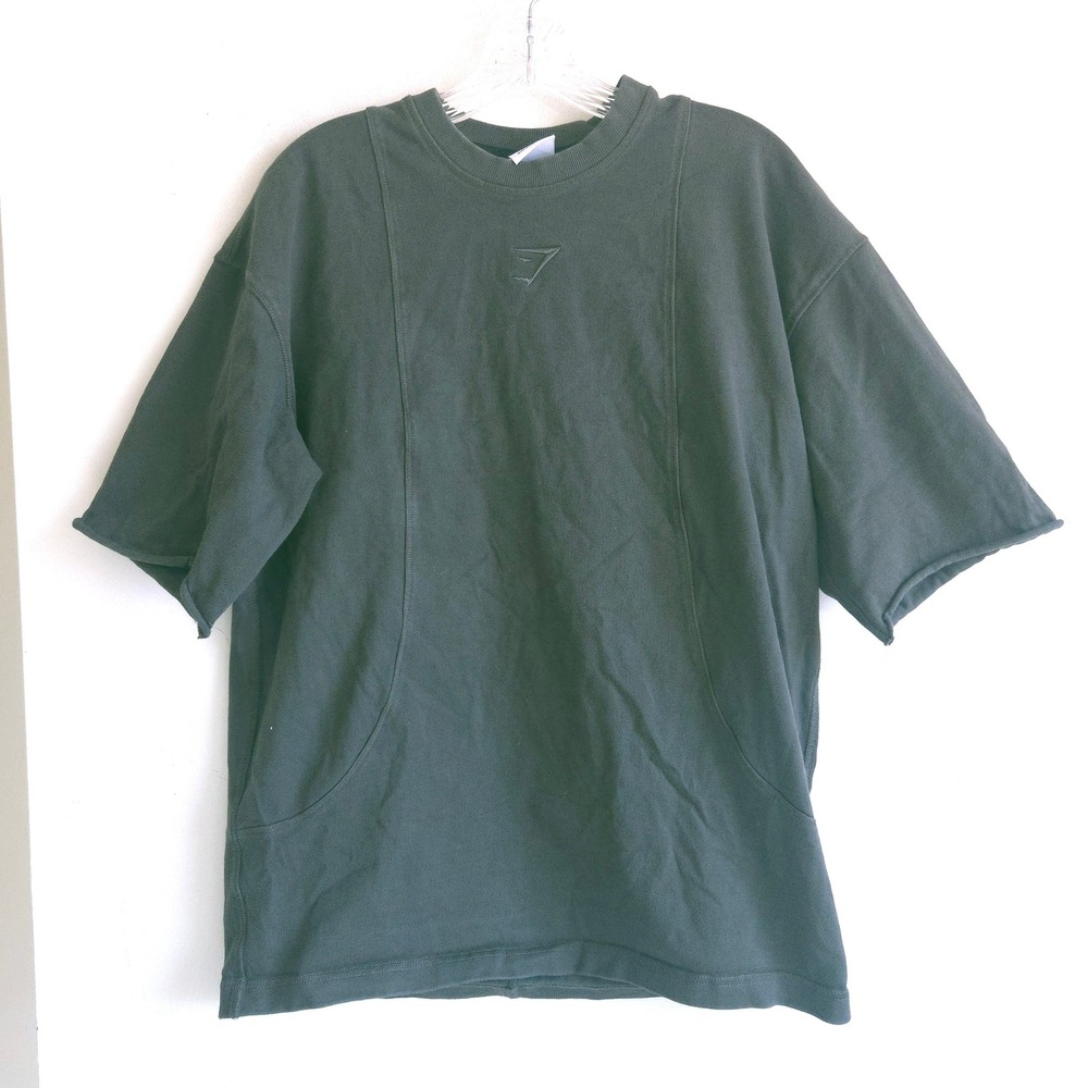 Gymshark Men's Size Thick Knit Sage Green Raw 3/4 Short Sleeve Athletic T Shirt